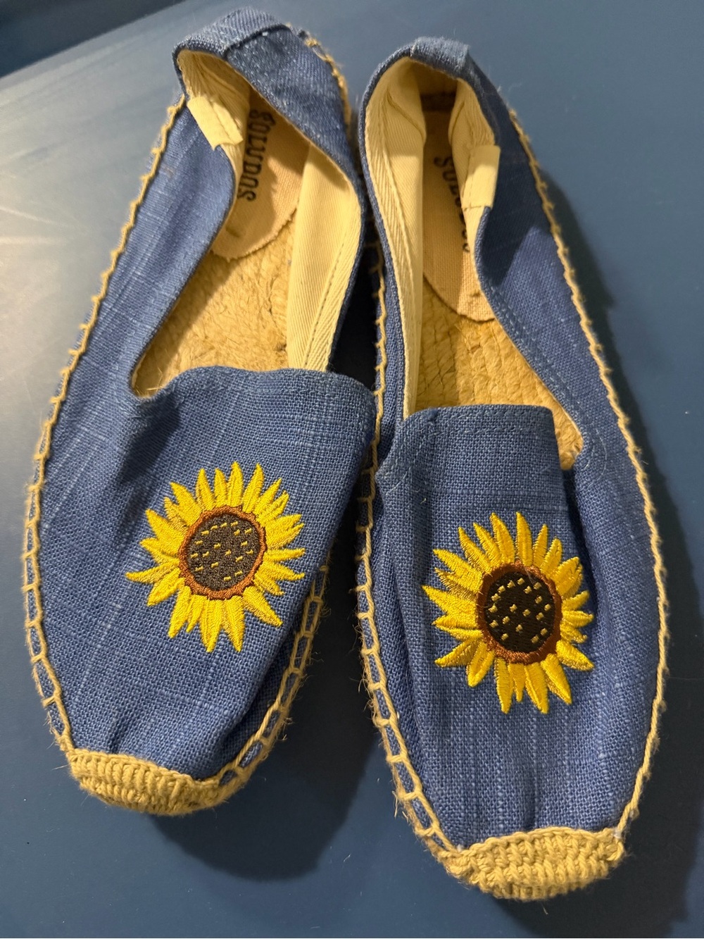 Soludos Blue Espadrilles with Yellow Sunflower Embroidery